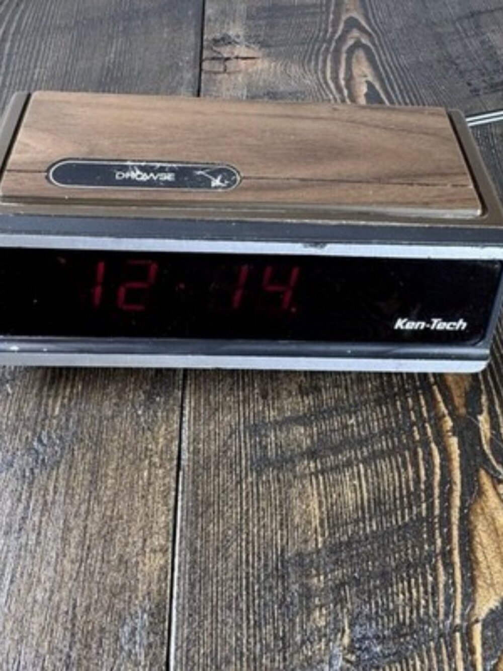 Vintage Ken-Tech Digital Alarm Clock, Model T-2096A, Wood Grain Red LED
